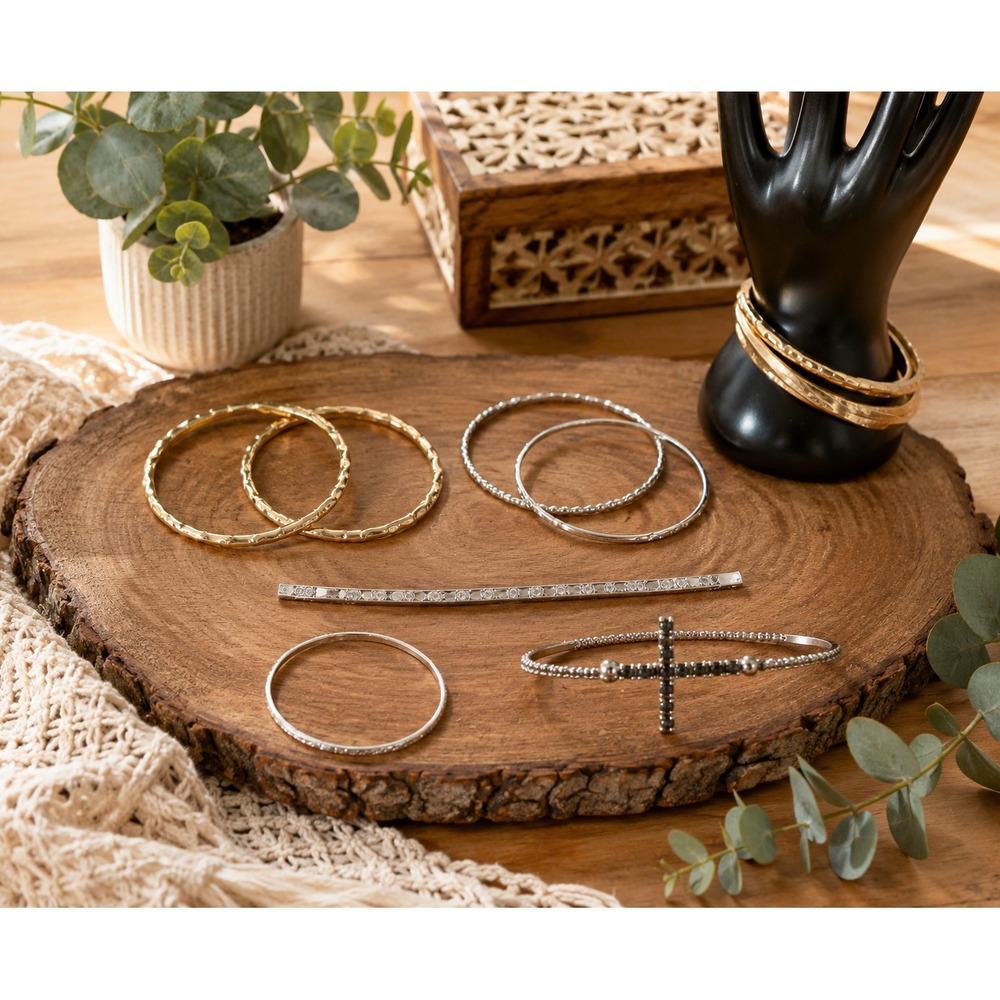 Fashion Bracelet Lot of 5 Gold Silver Bangle Cross Rhinestone Stackable Bracelet